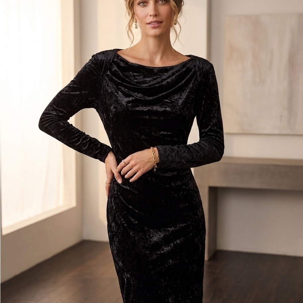 1990s Vintage Katharine Hamnett Black Velvet Wiggle Dress Medium - Picture 2 of 16